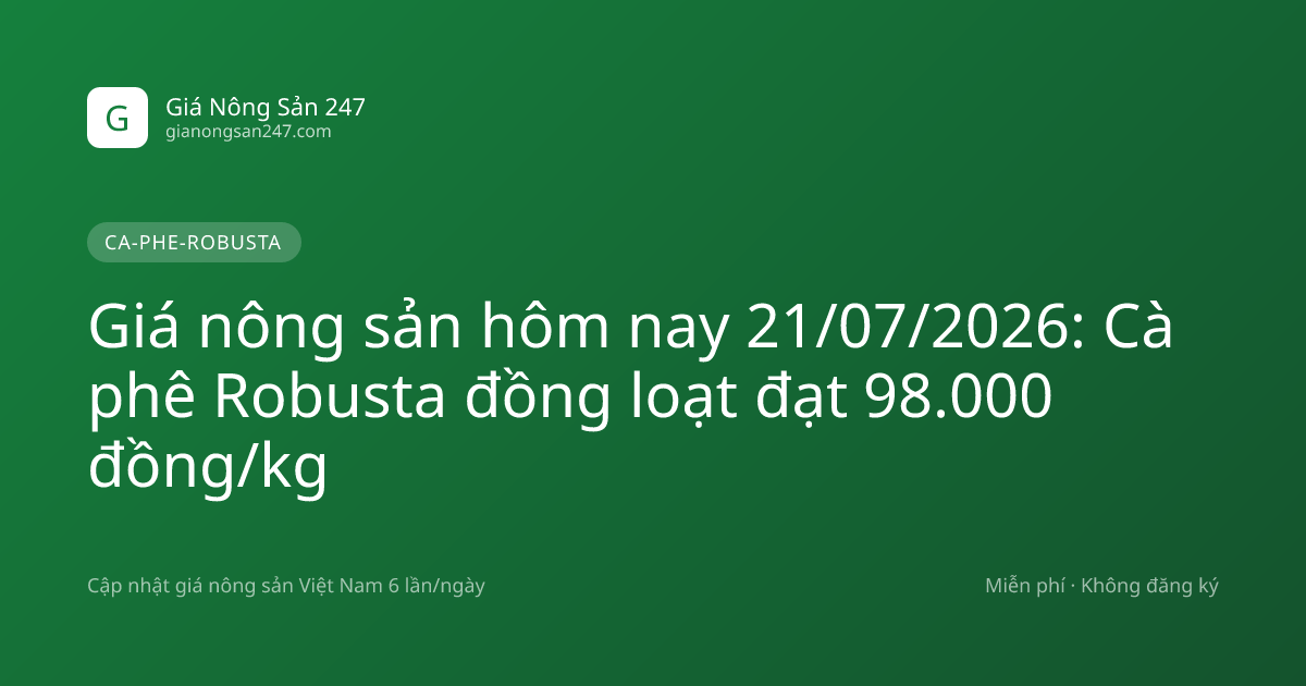 Giá nông sản hôm nay 21/07/2026: Cà phê Robusta đồng loạt đạt 98.000 đồng/kg